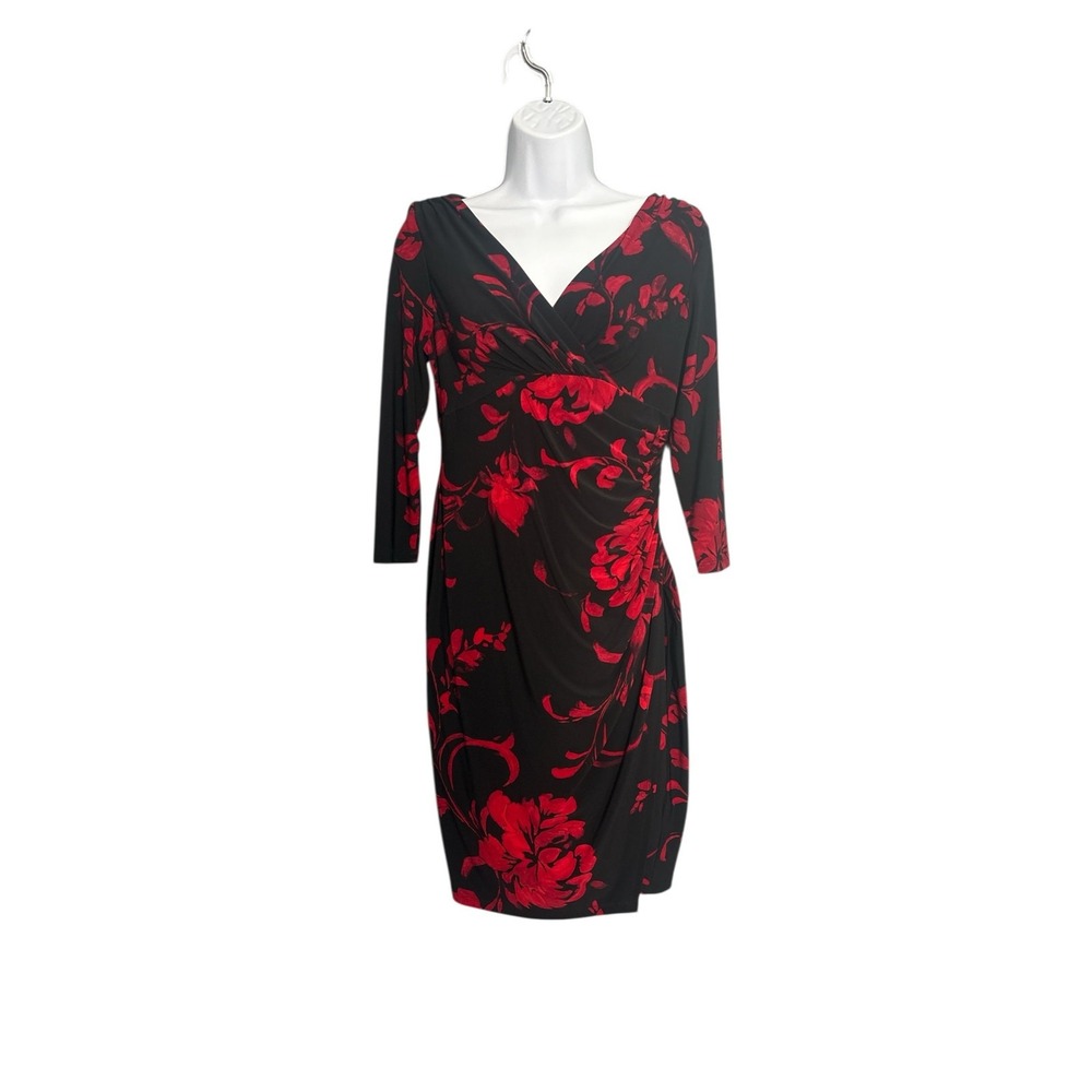 Ralph Lauren Black Red Floral Ruched 3/4‎ Sleeve SheathDress 6P Holiday Party